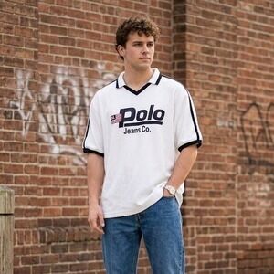 Vtg 90s Polo Jeans Co Ralph Lauren Ringer Tee White Navy RL Flag XL